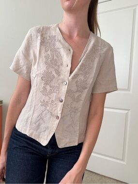90's Burberry Embroidered Linen Button Up Top - Vintage